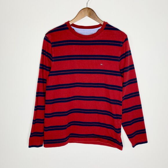 Tommy Hilfiger Mens Medium Striped Crew Neck Pullover Sweater Red Long Sleeve - Picture 1 of 12